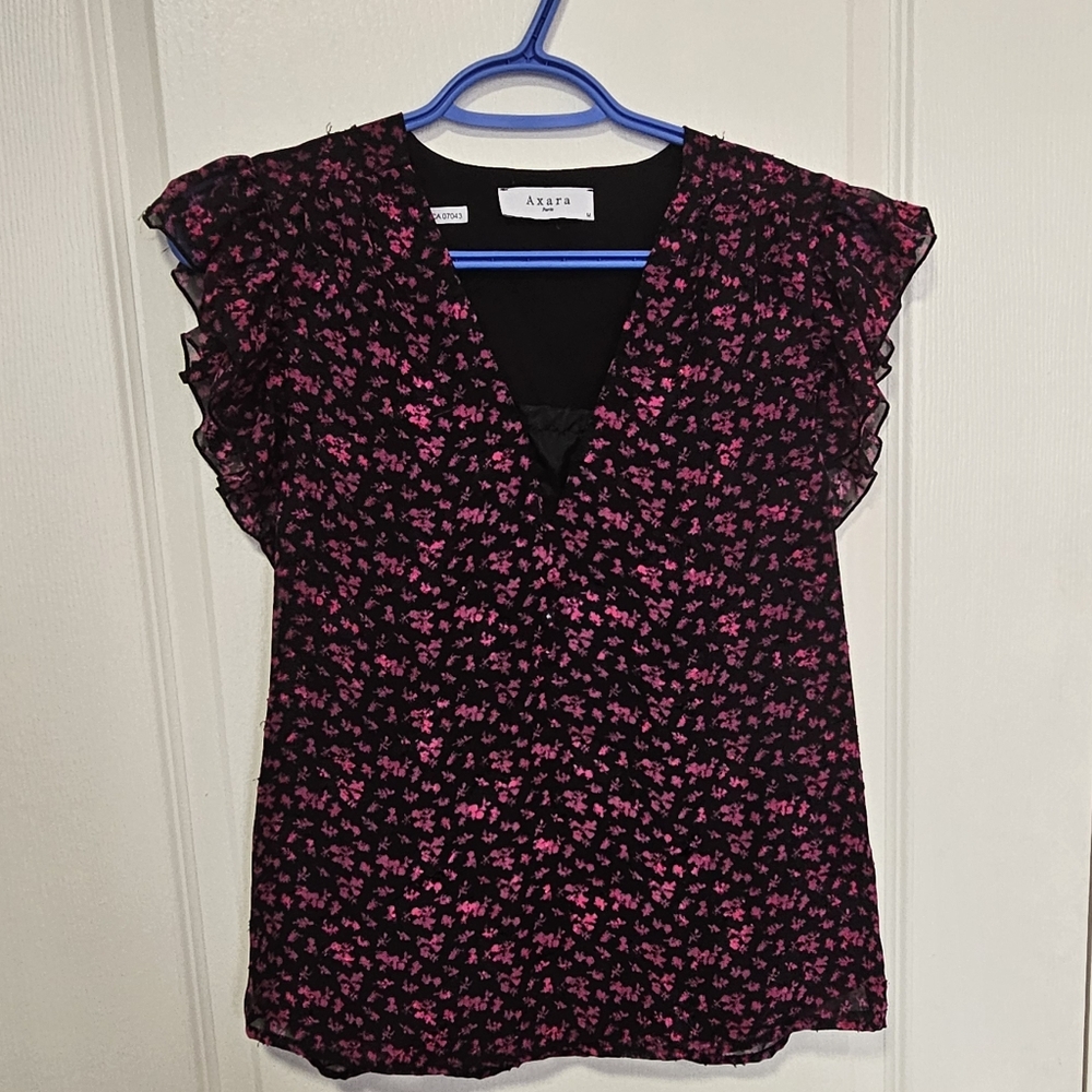 Axara Women's Black and Pink Floral Top